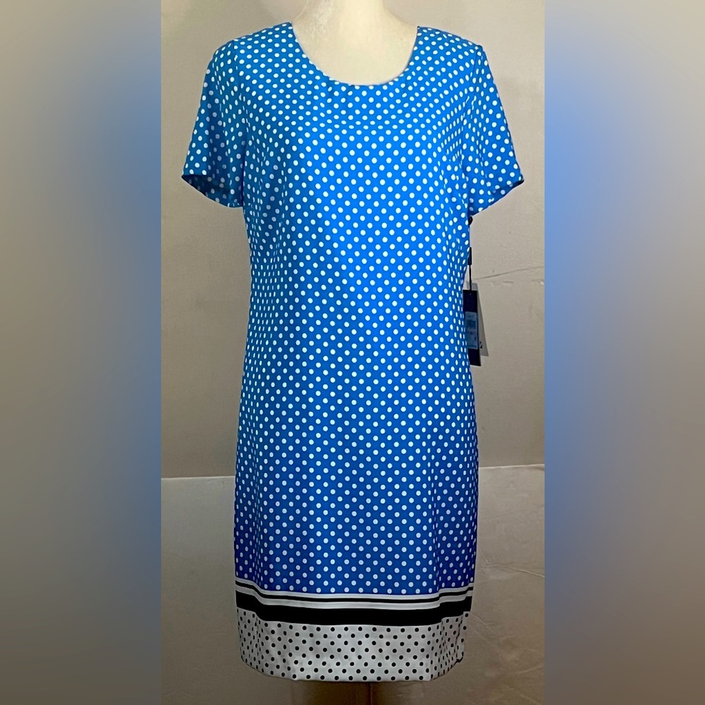 NWT Karl Lagerfeld Blue-White Polka Dot Short Sleeve A-Line Dress. Sz 10